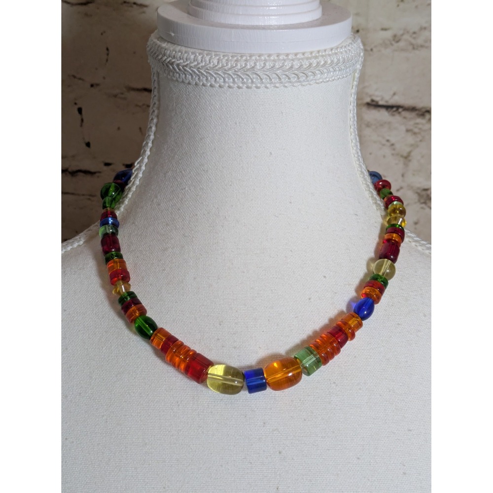 Colorful Art Glass Collar Necklace Rainbow Beads Artsy Artisan 16" Glossy